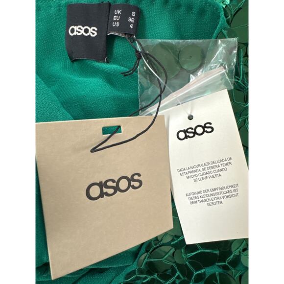 ASOS Emerald Green Sequin Dolman Sleeve Mini Dress NWT Size 4 Tie Back Open Back - Picture 5 of 9
